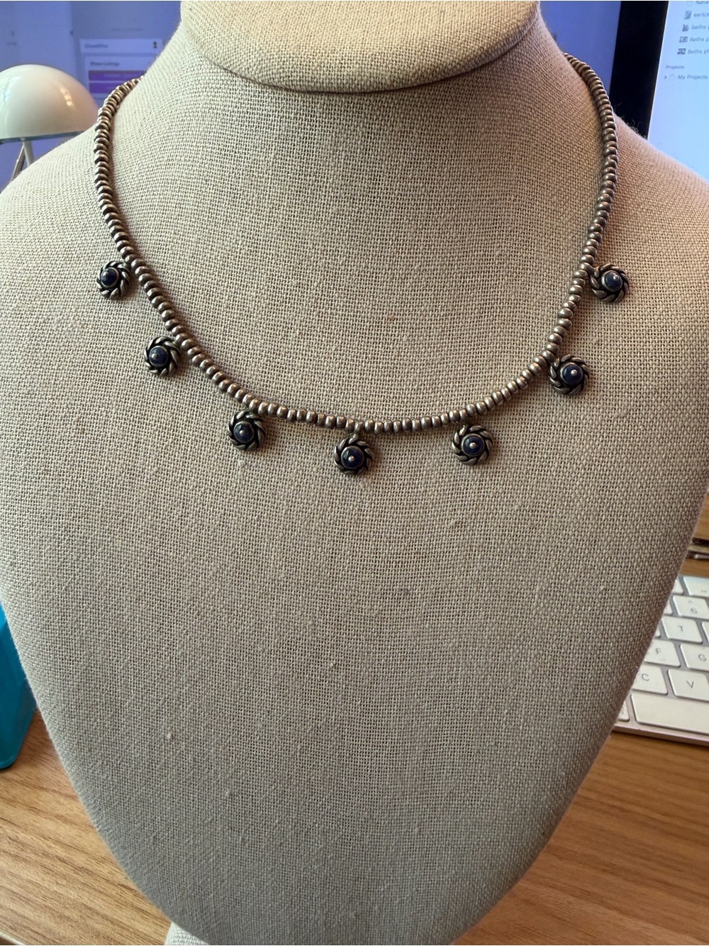 Vintage 950 Sterling Silver Floral Dot Charm Necklace by Joyas Vivac of Peru
